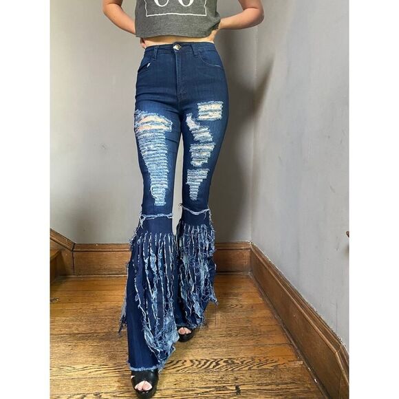 LTX Denim - Bell Bottom Jeans Distressed Flared 1970s 70s Hippie - Size Small